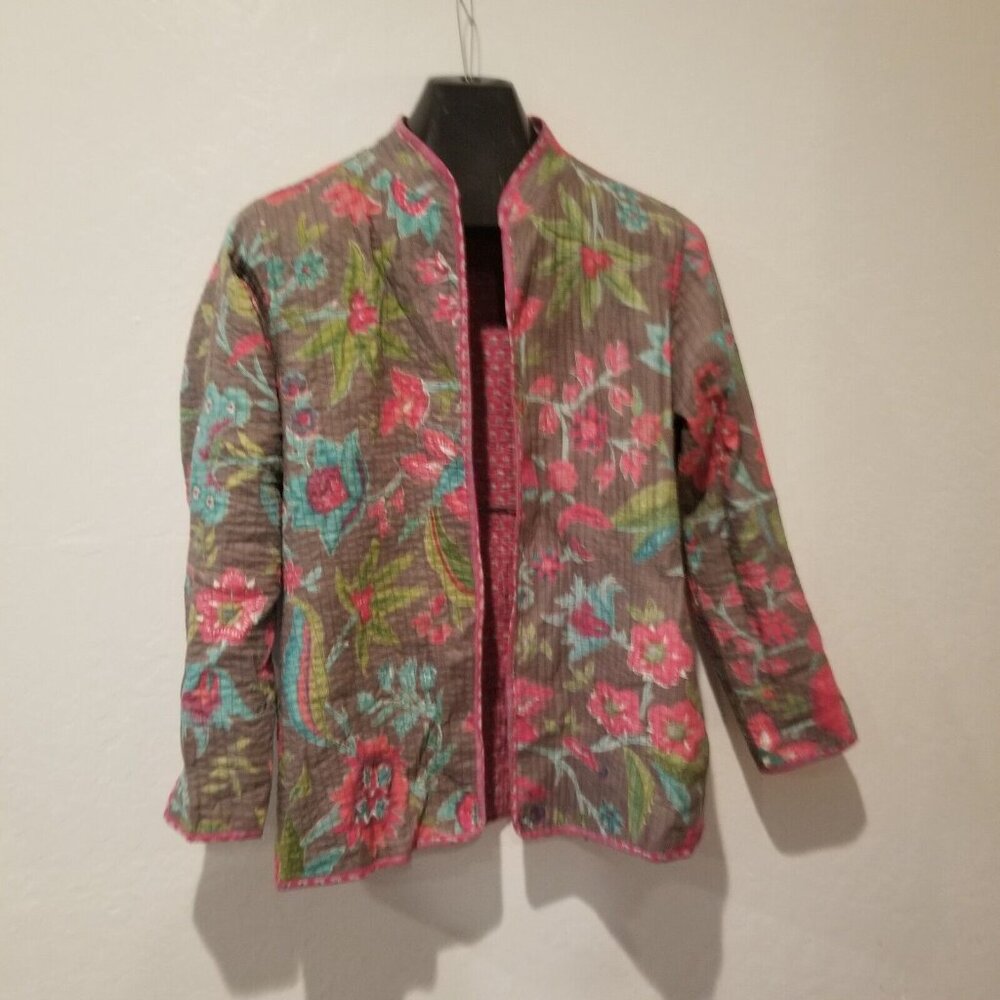 Handprint Women's Floral Open Front Quilted Vest Jacket Medium Multicolor Casual